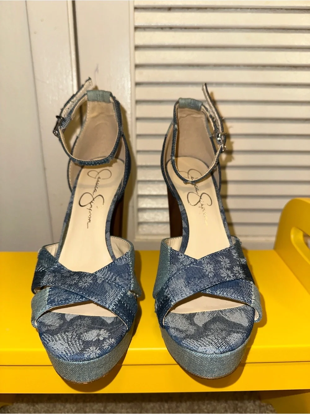 Jessica Simpson Patchwork Blue Denim Platform Sandals with Ankle Strap